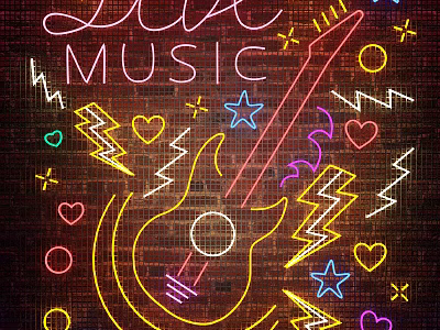 Live Music Themed Neon Decorative Lights With Guitar Shape Stars Hearts On Brick Wall 3d model