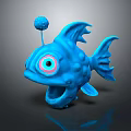Cute Blue Cartoon Fish Character With Big Eyes Antenna Ball Fins And Tail