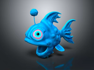 Cute Blue Cartoon Fish Character With Big Eyes Antenna Ball Fins And Tail 3d model