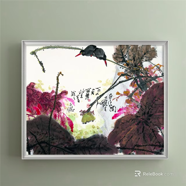 Artistic Traditional Plant Painting With Lotus Leaves Birds And Red Purple Foliage 3d model 