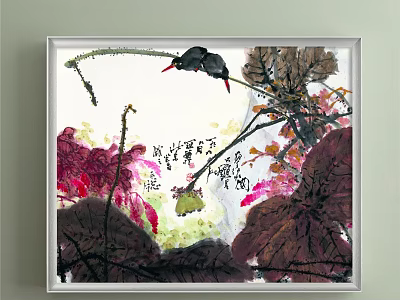 Artistic Traditional Plant Painting With Lotus Leaves Birds And Red Purple Foliage 3d model