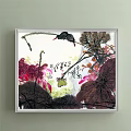 Artistic Traditional Plant Painting With Lotus Leaves Birds And Red Purple Foliage