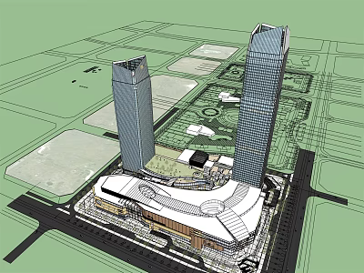 Modern Commercial Complex With Two Tall Buildings Open Green Space And Architectural Design 3d model
