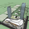 Modern Commercial Complex With Two Tall Buildings Open Green Space And Architectural Design