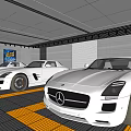 4S Dealership Spacious Showroom with Luxury White Sports Cars Modern Lighting and Yellow Parking Areas