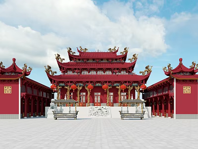 Ancient Chinese Architecture With Red Walls Ornate Eaves Carved Decorations And Hanging Lanterns 3d model
