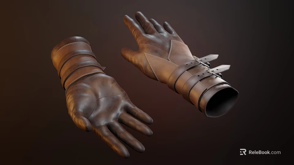 Brown Leather Gloves With Strap Buckle Details And Medieval Vintage Design 3d model 