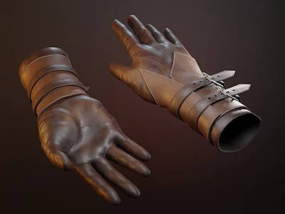 Brown Leather Gloves With Strap Buckle Details And Medieval Vintage Design 3d model