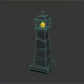 Gray Stone Lighthouse Scene Component With Lit Orange Lantern On Top