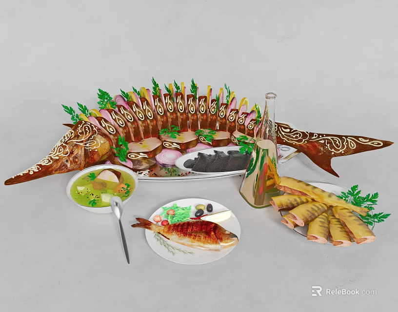Delicious Fish Dishes with Grilled Fish Slices on Fish Shaped Platter Green Veggies Sauce Lemon 3d model 