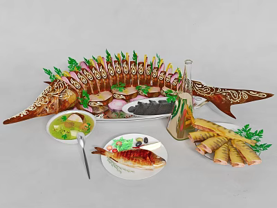 Delicious Fish Dishes with Grilled Fish Slices on Fish Shaped Platter Green Veggies Sauce Lemon 3d model