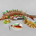 Delicious Fish Dishes with Grilled Fish Slices on Fish Shaped Platter Green Veggies Sauce Lemon