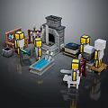 Pixel Style Scene Components Including Stone Structure Workbench Glowing Pillars Chests Pool And Weapon 3d model