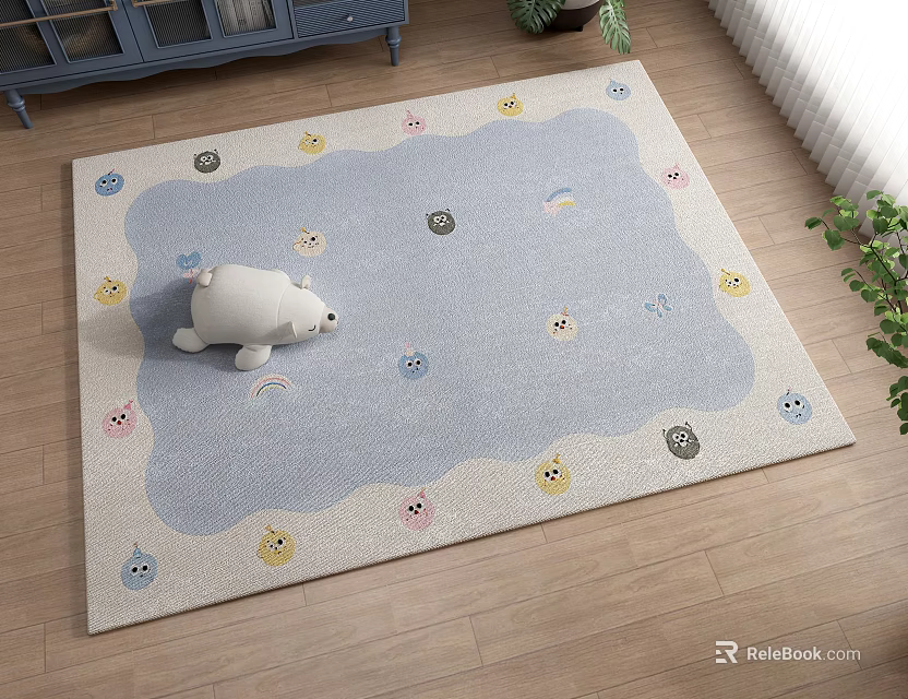 Light Blue Square Area Rug Featuring Cartoon Faces And Rainbows For Kids Room 3d model 