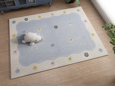 Light Blue Square Area Rug Featuring Cartoon Faces And Rainbows For Kids Room 3d model