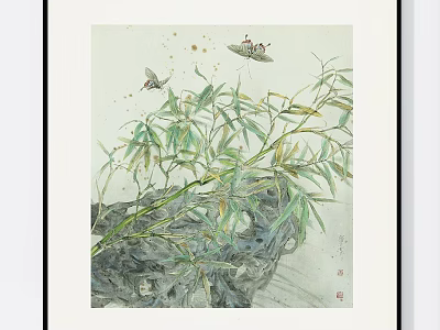 Detailed Botanical Painting Featuring Bamboo Leaves and Butterflies on Rock Background 3d model