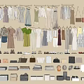 Stylish Hanging Clothes Collection With Various Dresses Tops Bags Shoes And Accessories