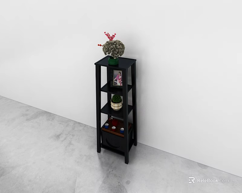 Black Multi Tiered Storage Shelf With Potted Plant And Decorative Items 3d model 