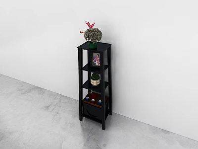 Black Multi Tiered Storage Shelf With Potted Plant And Decorative Items 3d model
