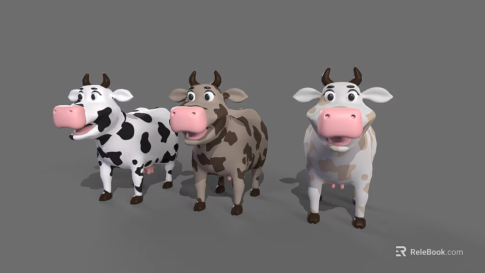 Three Cute Colorful Cartoon Cow Characters With Pink Noses And Different Patterns 3d model 
