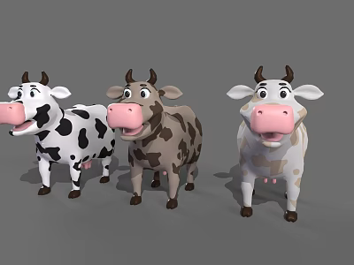 Three Cute Colorful Cartoon Cow Characters With Pink Noses And Different Patterns 3d model