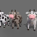 Three Cute Colorful Cartoon Cow Characters With Pink Noses And Different Patterns