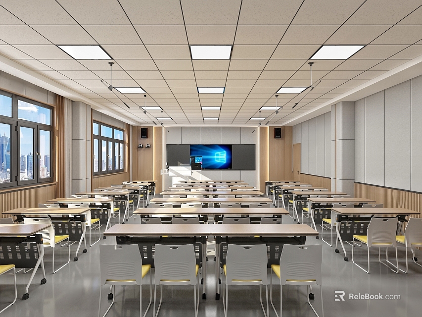 Modern School Classroom Interior Featuring Desks Chairs Multimedia Screen And Large Windows 3d model 