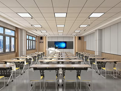 Modern School Classroom Interior Featuring Desks Chairs Multimedia Screen And Large Windows 3d model