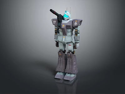 Detailed Mech Robot Model With Blue Head Arm Weapon Gray Purple Standing Pose 3d model