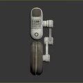 White Robotic Character With Mechanical Arm Large Wheel And Warning Label On Cylindrical Body