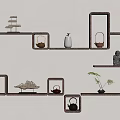 Wooden Wall Cabinets With Decorative Ship Models Vases And Small Sculptures