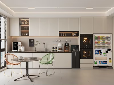 Modern Office Break Room With Coffee Machine Beverage Fridge White Cabinets And Chairs 3d model