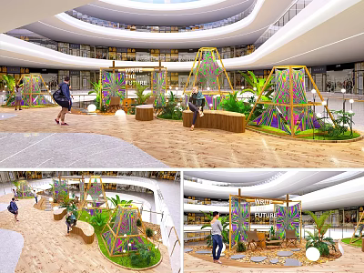 Open Multi Level Indoor Public Space With Colorful Geometric Structures Green Plants And Wooden Flooring 3d model