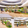 Open Multi Level Indoor Public Space With Colorful Geometric Structures Green Plants And Wooden Flooring