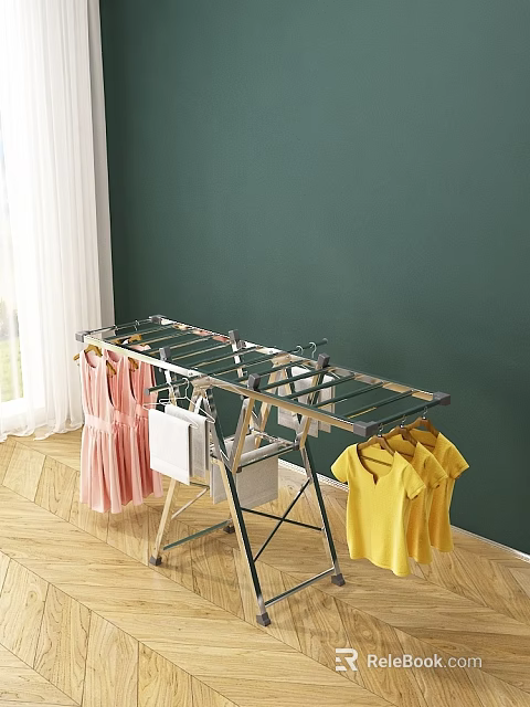 Stainless Steel Foldable Clothes Drying Rack With Hanging Pink Dress Yellow Tshirts And White Bag 3d model 
