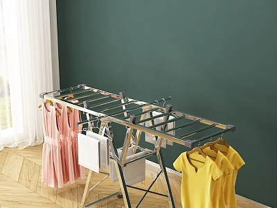 Stainless Steel Foldable Clothes Drying Rack With Hanging Pink Dress Yellow Tshirts And White Bag 3d model