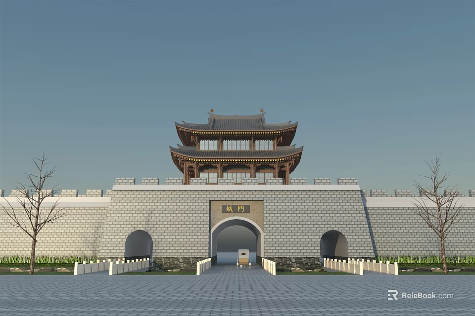 Traditional Chinese City Gate With Classic Tower And Stone Archway Plaza 3d model 