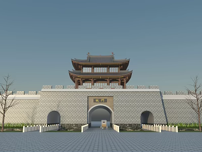 Traditional Chinese City Gate With Classic Tower And Stone Archway Plaza 3d model
