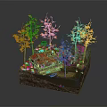 Whimsical Cartoon Scene Featuring Small Houses Surrounded by Orange Leaved Trees and Small Boat