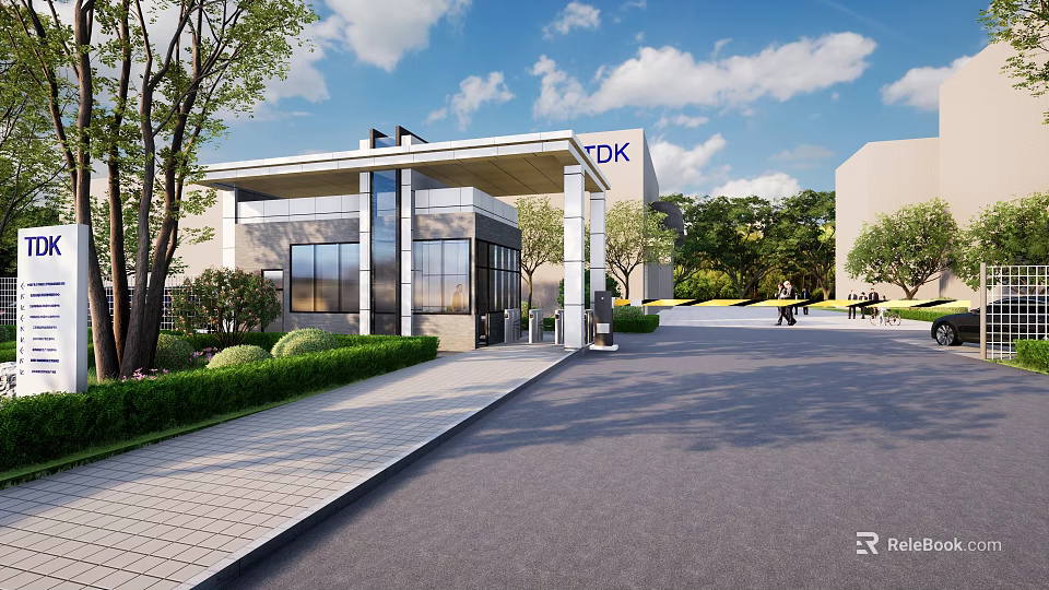 TDK Office Building Exterior With Modern Architecture And Landscaped Entrance Area 3d model 