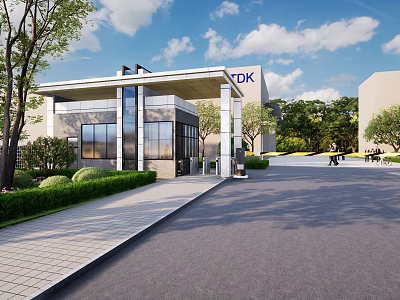TDK Office Building Exterior With Modern Architecture And Landscaped Entrance Area 3d model