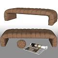 Modern Brown Upholstered Ottoman With Striped Design Woven Ball And Magazine
