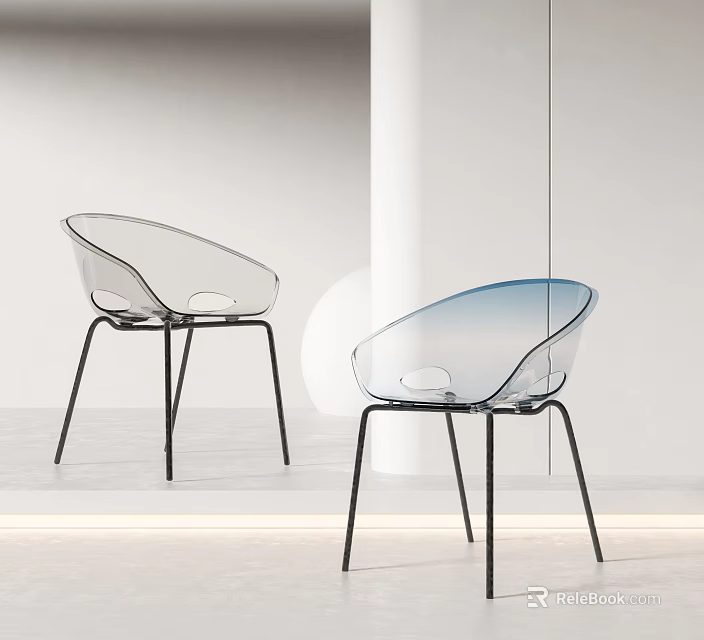 Transparent Curved Leisure Chairs with Black Metal Legs in Modern Minimalist Space 3d model 