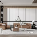 Modern Living Room Interior With Brown Sectional Sofa Wooden White Accent Wall And Coffee Table