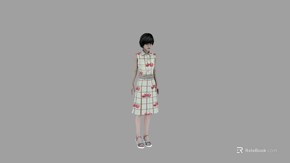 Woman Wearing Knee Length Dress with Colorful Patterns Short Hair and Sandals 3d model 