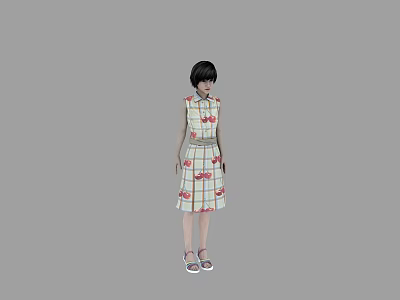 Woman Wearing Knee Length Dress with Colorful Patterns Short Hair and Sandals 3d model