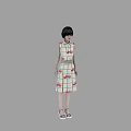Woman Wearing Knee Length Dress with Colorful Patterns Short Hair and Sandals