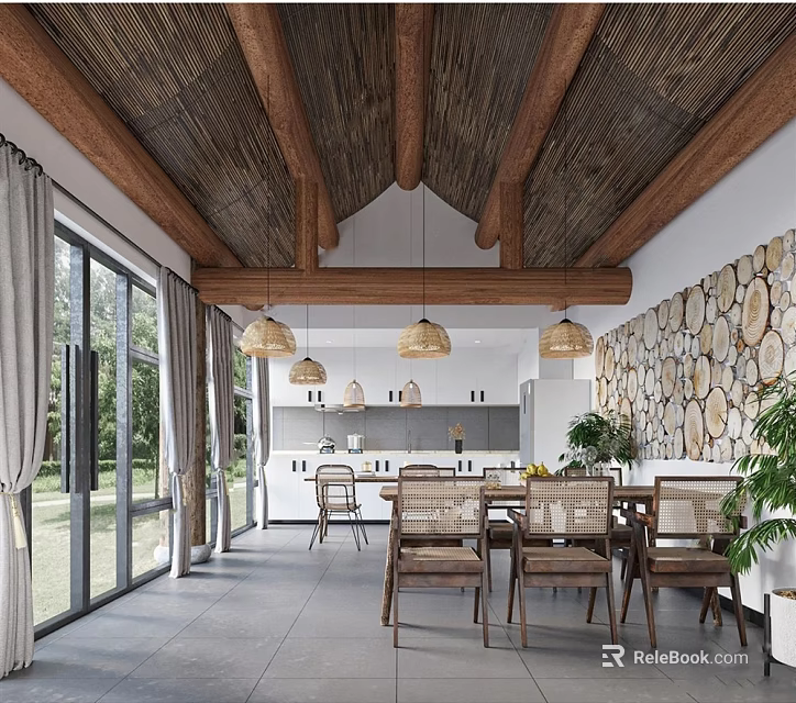 Rustic Restaurant Interior With Wood Beam Ceiling Large Windows Dining Table And Circular Wall Decor 3d model