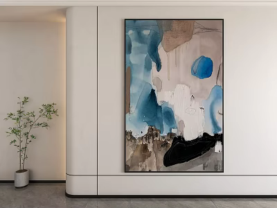 Abstract Wall Art With Blue Brown Tones And Green Plant In Modern Interior 3d model