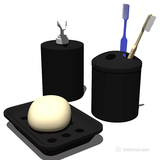 Sleek Black Bathroom Accessories with Soap Dispenser Toothbrush Holder and Soap Dish 3d model 